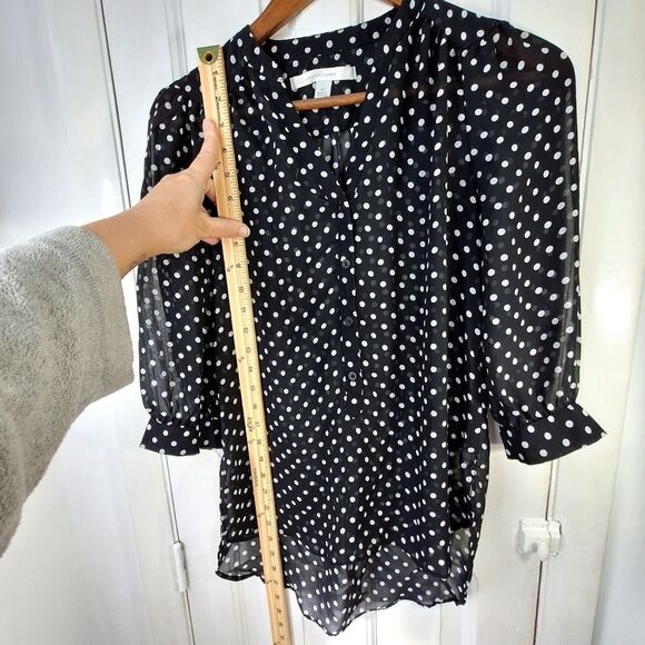 LC Lauren Conrad Sheer Black & White Button-Up Polkadot Puff Sleeve Blouse Sz XS - Picture 7 of 9